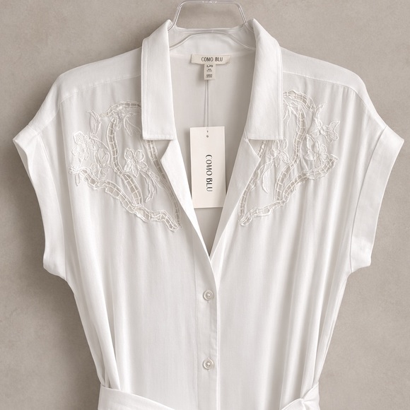Como Blu White Embroidered Shirt Summer Dress Tie Waist Button Front NWT Large - Picture 3 of 7